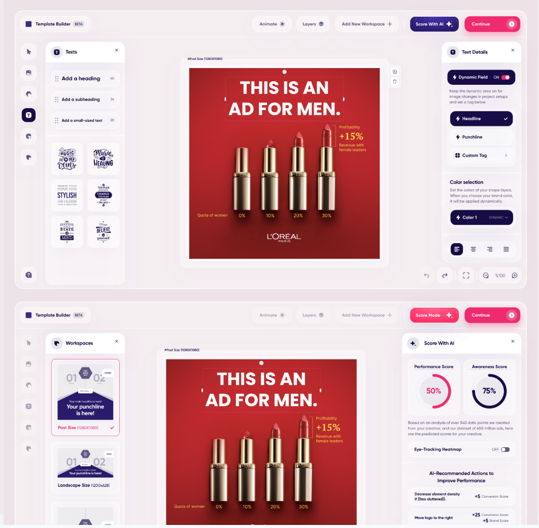 Constructor de plantillas de AdCreative.ai: editor visual de anuncios con variantes A/B