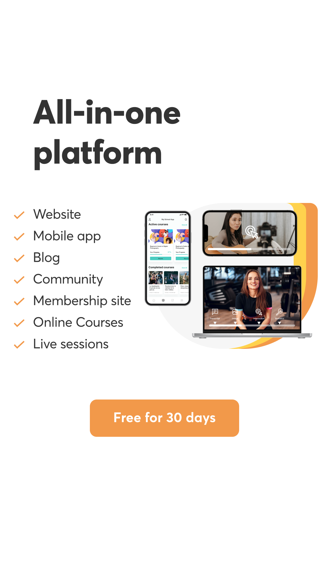 Todo lo que incluye LearnWorlds: web, app, blog, comunidad, membresías, cursos y sesiones en directo